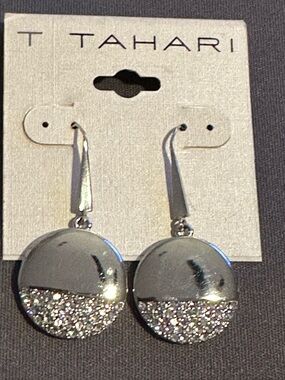 Tahari Silver Round Drop Earrings with Crystal Pavé